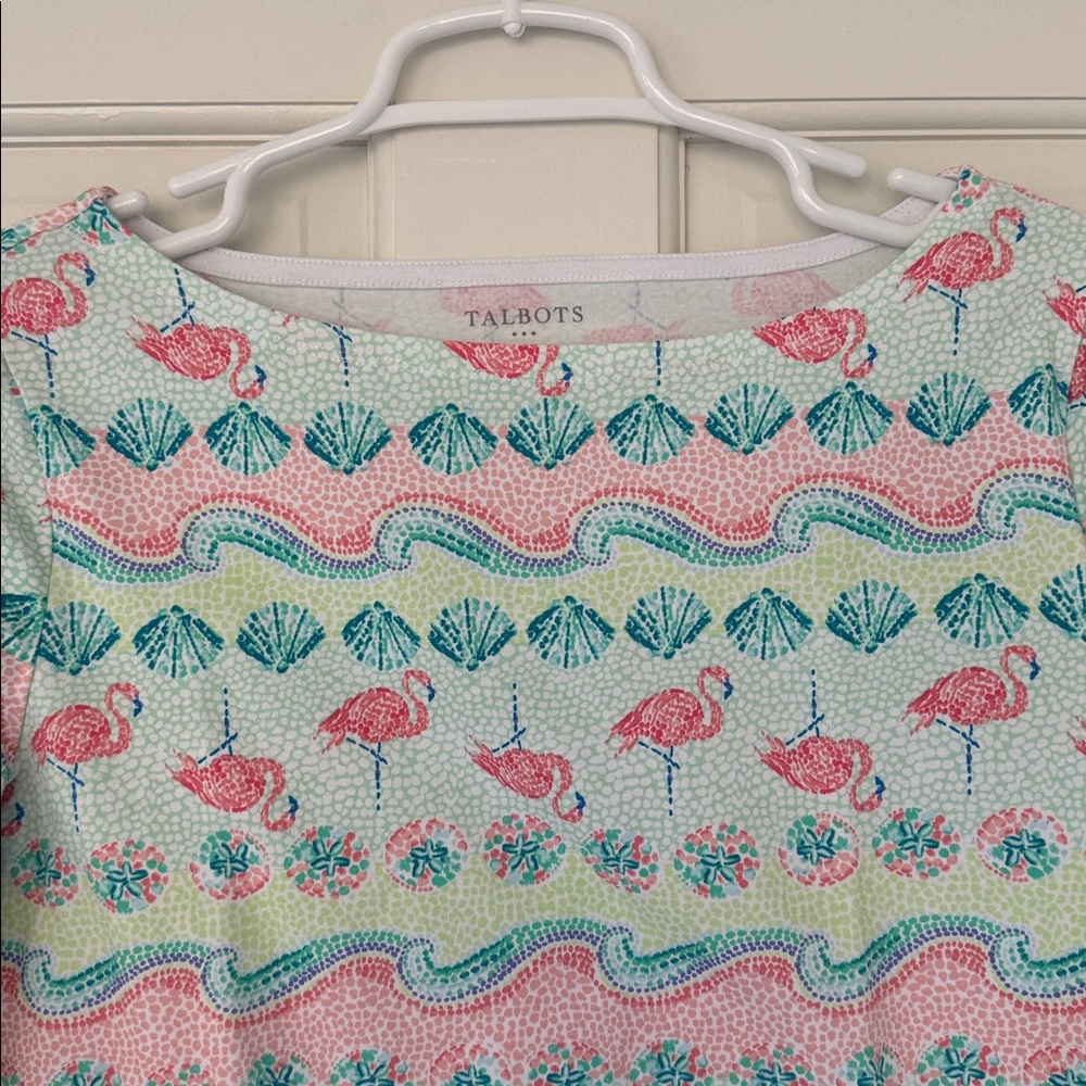 TALBOTS top size M green pink flamingos beach boatneck 3/4 sleeve stretch shirt - Picture 3 of 4